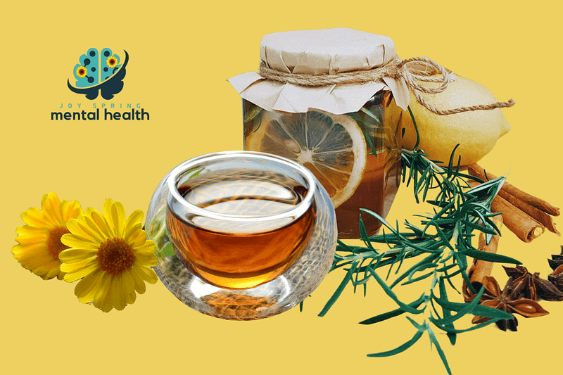 A collection of dried herbs, tincture bottles, and a steaming cup of herbal tea, symbolizing natural remedies for PTSD and trauma relief.